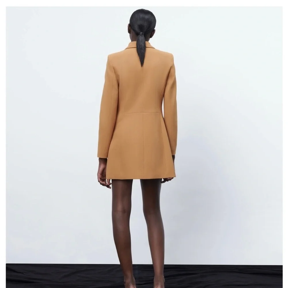 ZARA Double-Breasted Long Brown Blazer with Large Gold Buttons Size XS - Picture 4 of 4